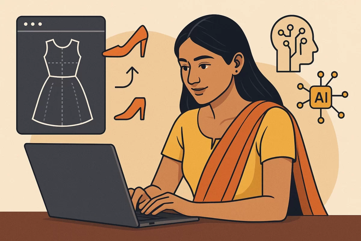 Picture depicting women thinking about tech integration in her fashion startup.